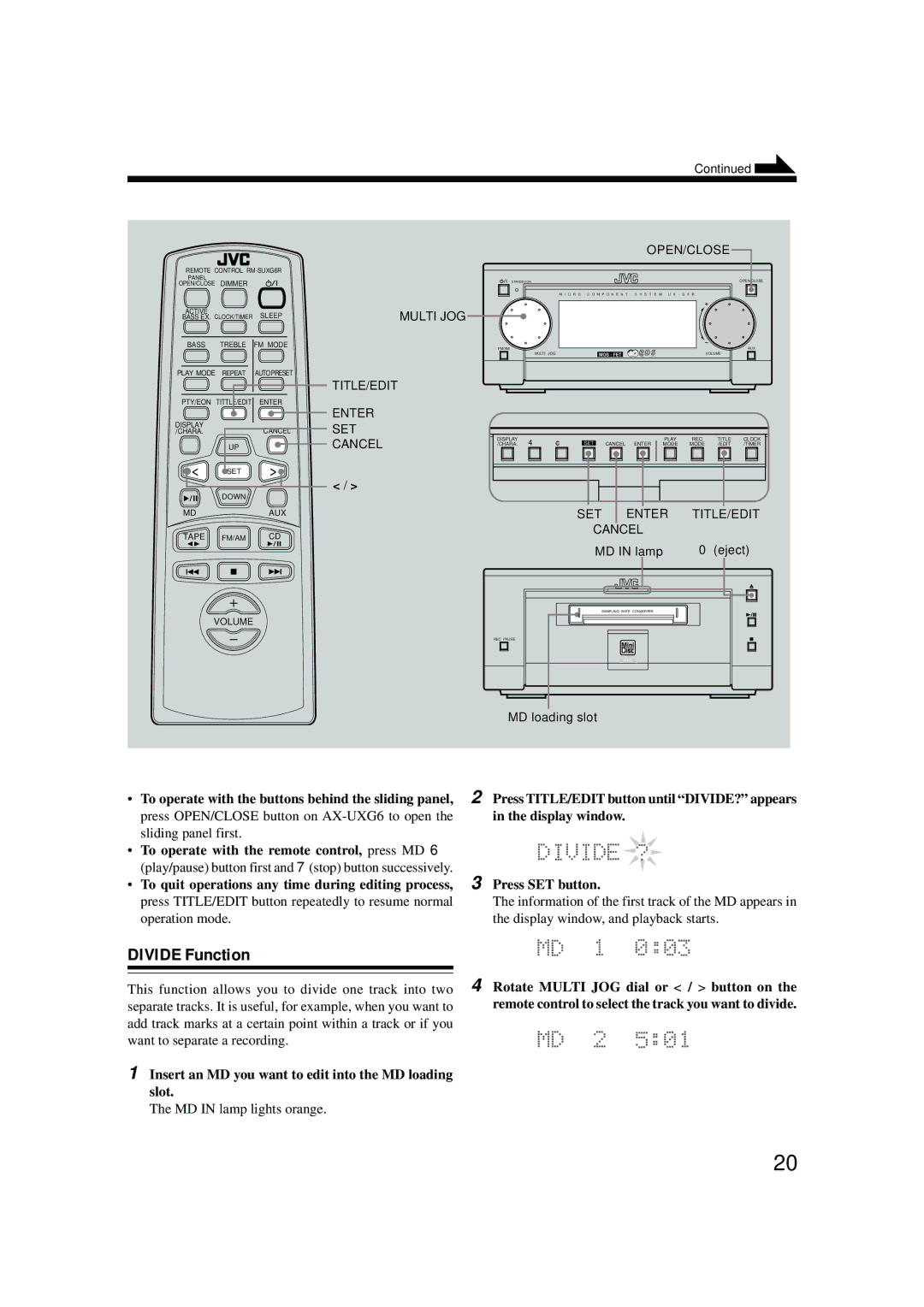 JVC XM-G6 manual Divide Function, Title/Edit Open/Close 