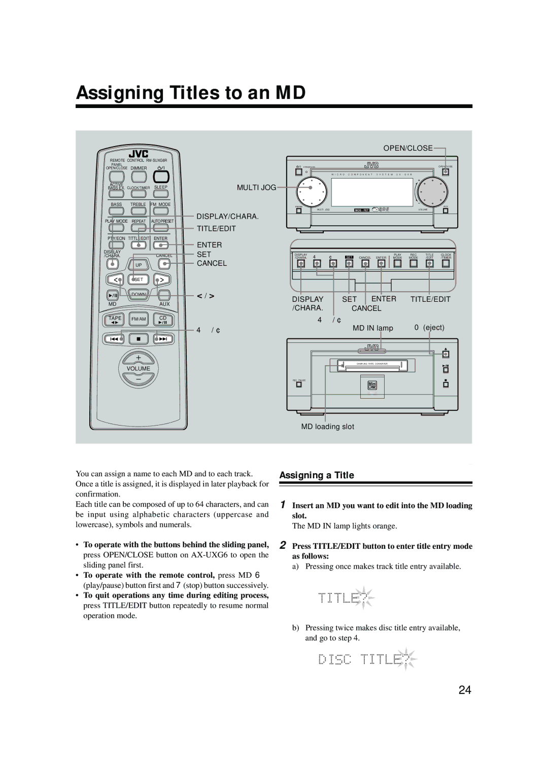 JVC XM-G6 manual Assigning Titles to an MD, Assigning a Title 