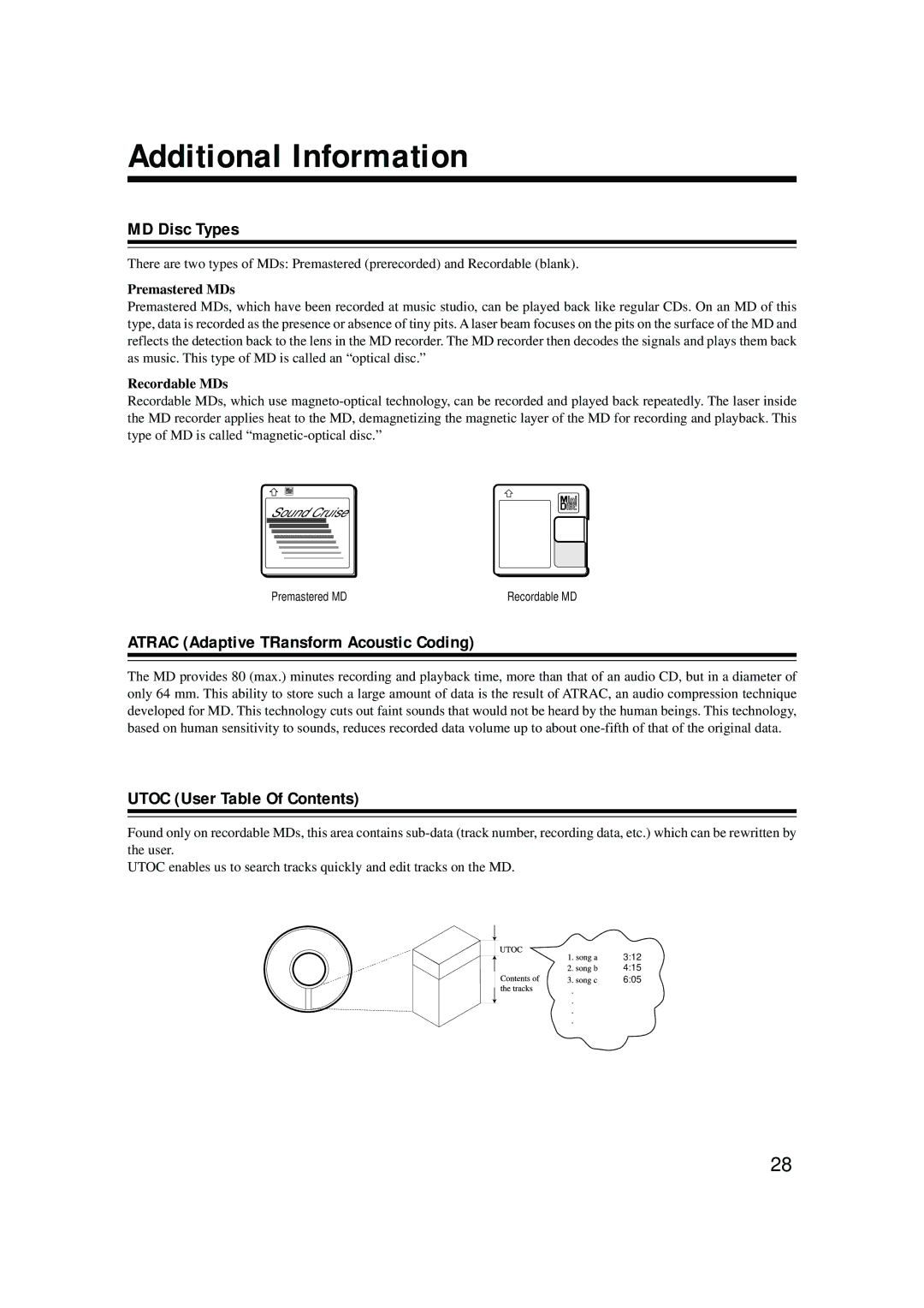 JVC XM-G6 Additional Information, MD Disc Types, Atrac Adaptive TRansform Acoustic Coding, Utoc User Table Of Contents 