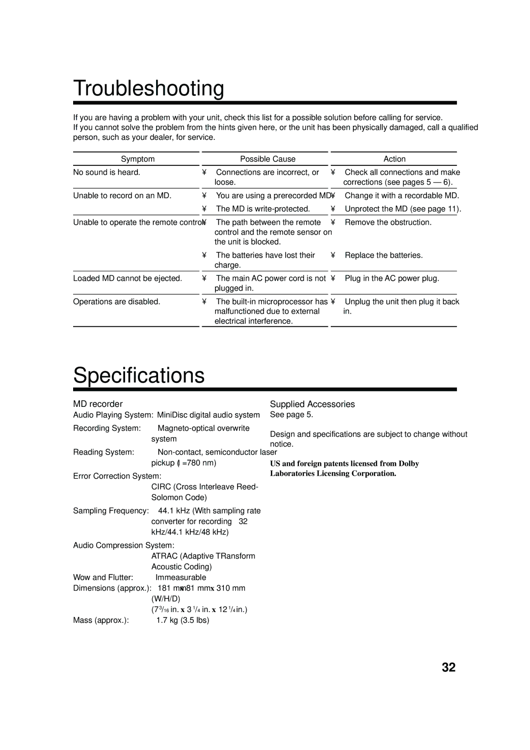 JVC XM-G6 manual Troubleshooting, Specifications, MD recorder, Supplied Accessories 