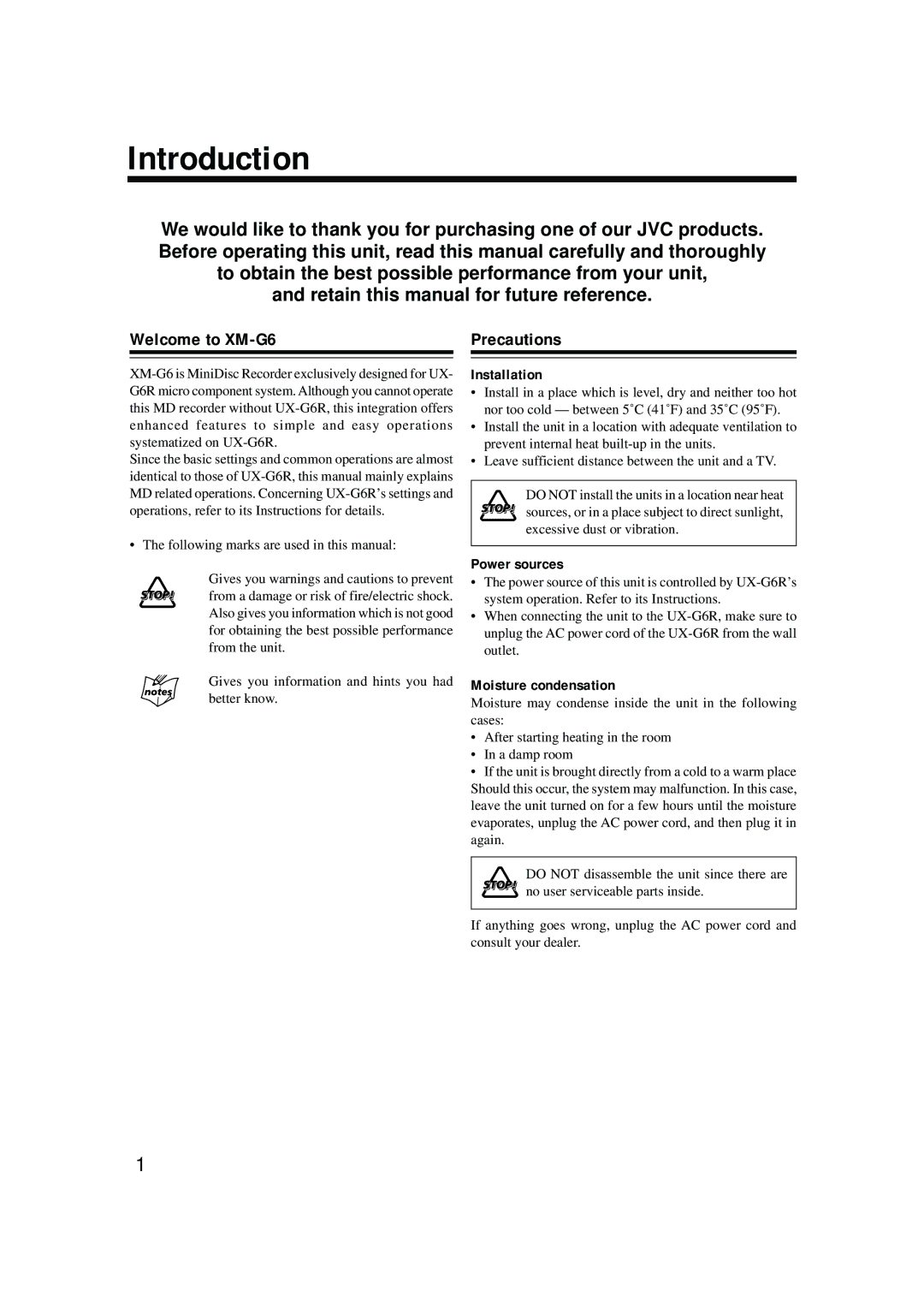 JVC XM-G6 manual Introduction, Installation, Power sources, Moisture condensation 