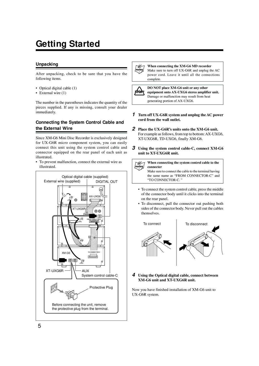 JVC XM-G6 manual Getting Started, Unpacking, Connecting the System Control Cable and the External Wire 