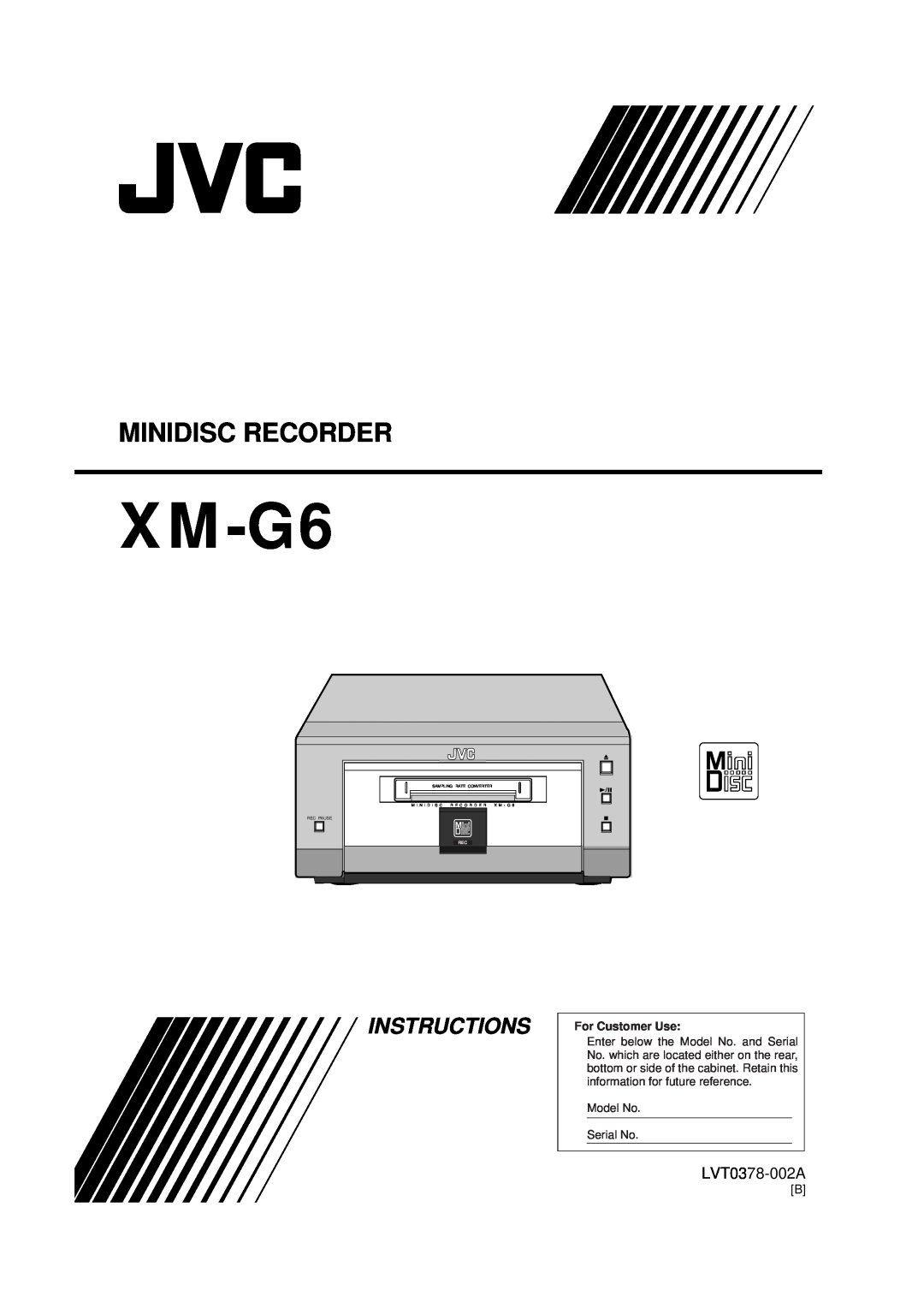 JVC XM-G6 manual Instructions, Minidisc Recorder, LVT0378-002A, For Customer Use, Model No Serial No, Rec Pause 