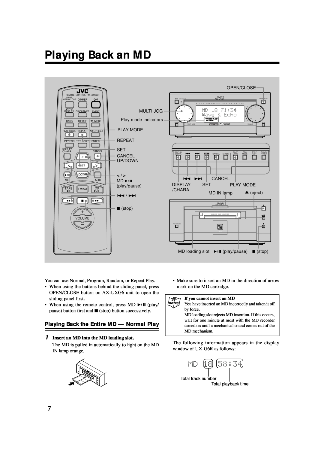 JVC XM-G6 manual Playing Back an MD, Playing Back the Entire MD - Normal Play 