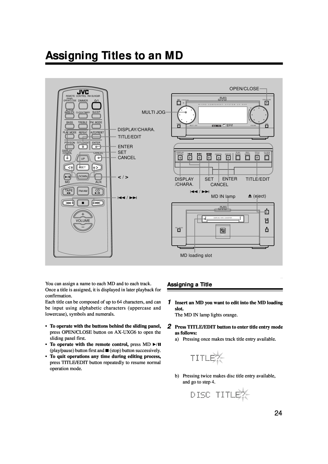 JVC XM-G6 manual Assigning Titles to an MD, Assigning a Title 