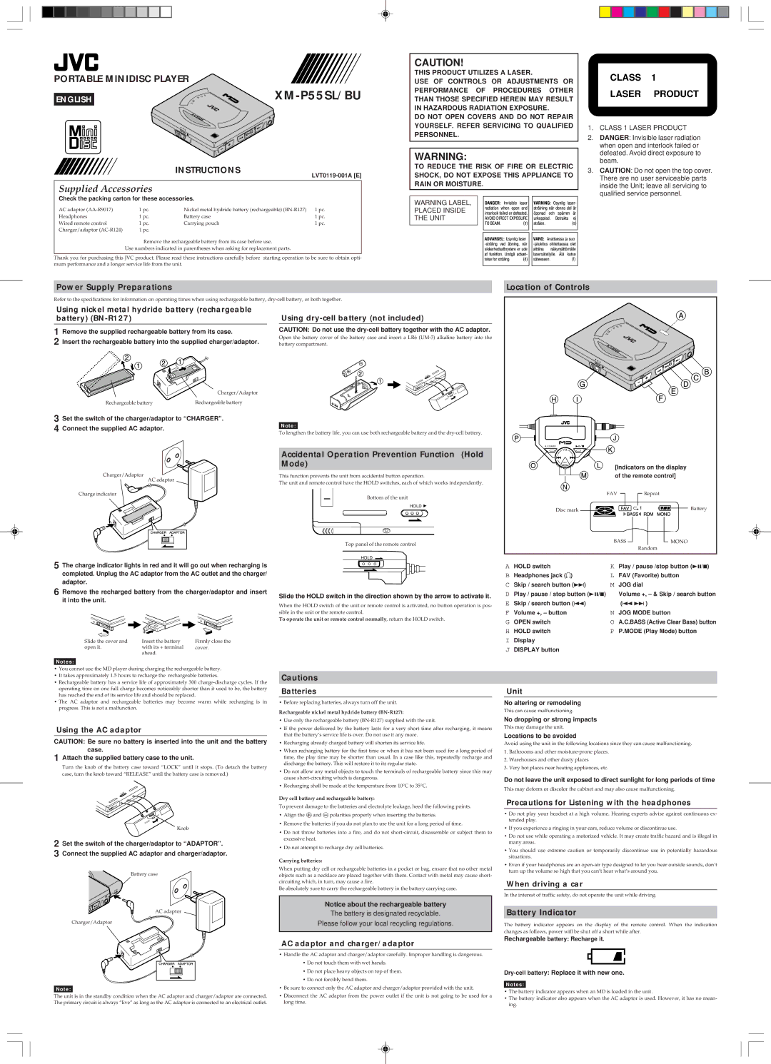 JVC XM-P55SL specifications Power Supply Preparations, Location of Controls, Battery Indicator 