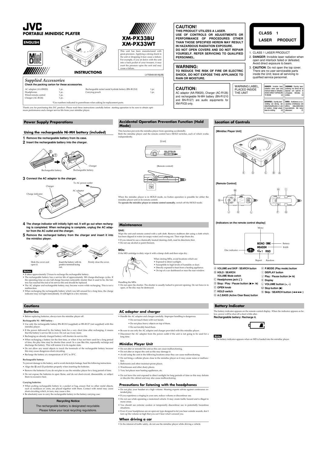 JVC XM-PX33WT user service Power Supply Preparations, Accidental Operation Prevention Function Hold Mode, Maintenance 