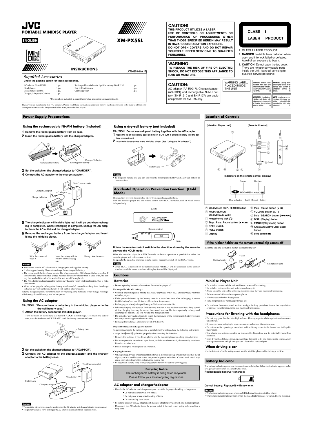 JVC XM-PX5SL specifications Power Supply Preparations, Accidental Operation Prevention Function Hold Mode 