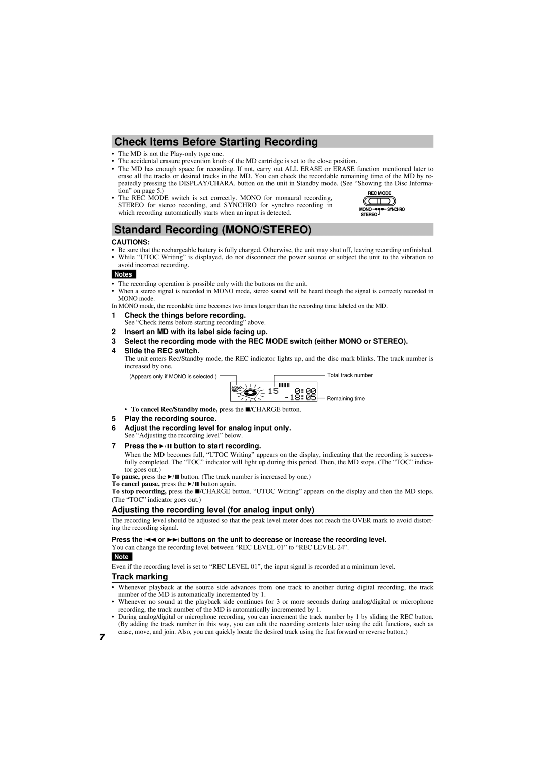 JVC XM-R70 manual Check Items Before Starting Recording, Standard Recording MONO/STEREO, Track marking 