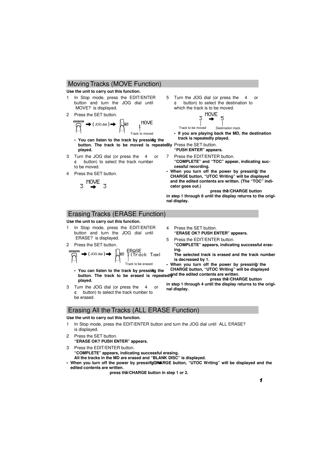 JVC XM-R70 manual Moving Tracks Move Function, Erasing Tracks Erase Function, Erasing All the Tracks ALL Erase Function 