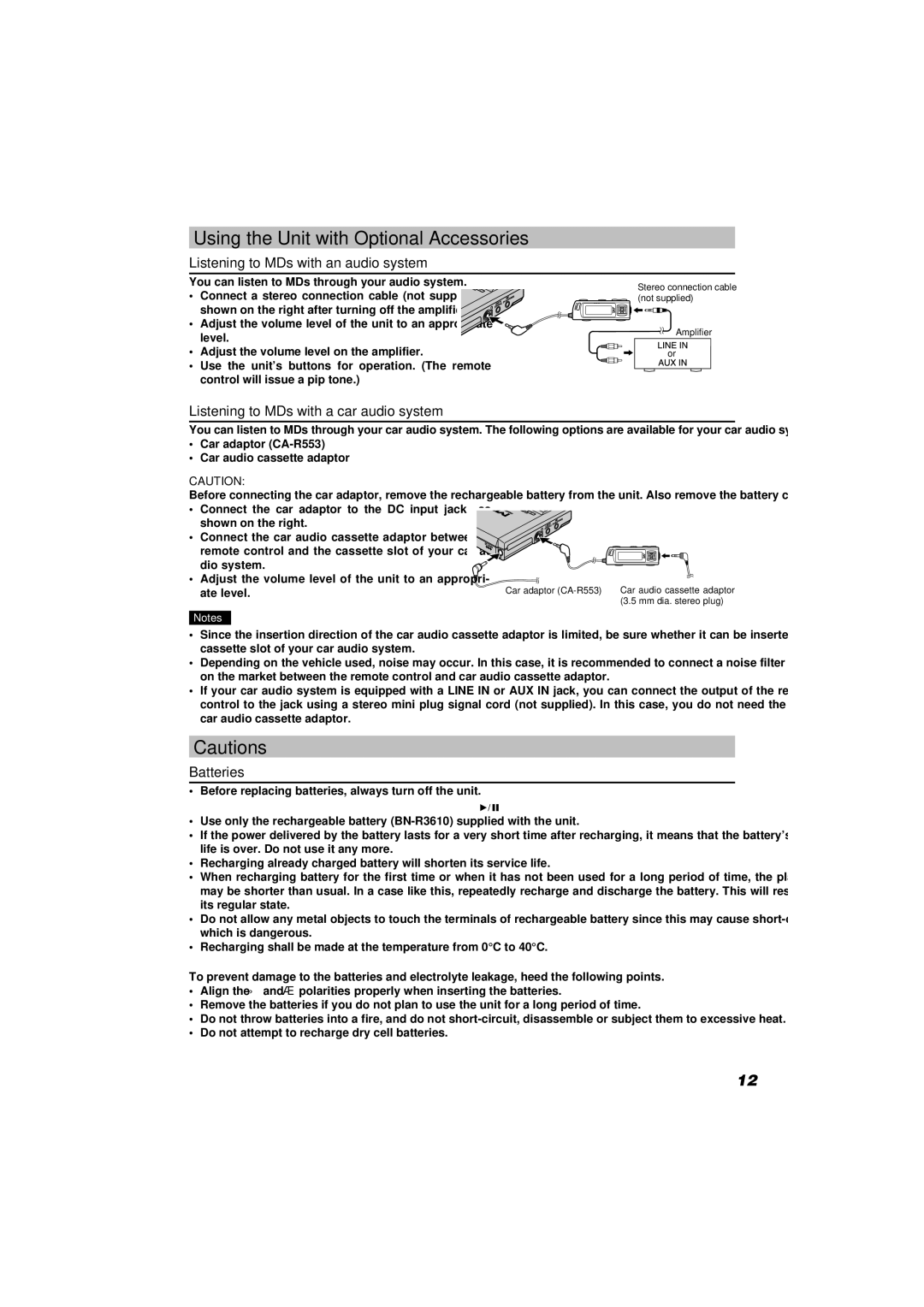 JVC XM-R70 manual Using the Unit with Optional Accessories, Listening to MDs with an audio system, Batteries 