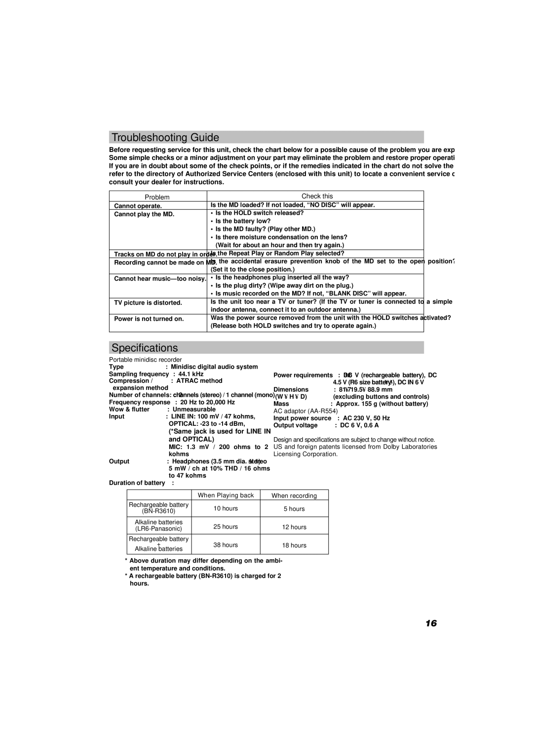 JVC XM-R70 manual Troubleshooting Guide, Specifications, Problem Check this, Portable minidisc recorder, AC adaptor AA-R554 