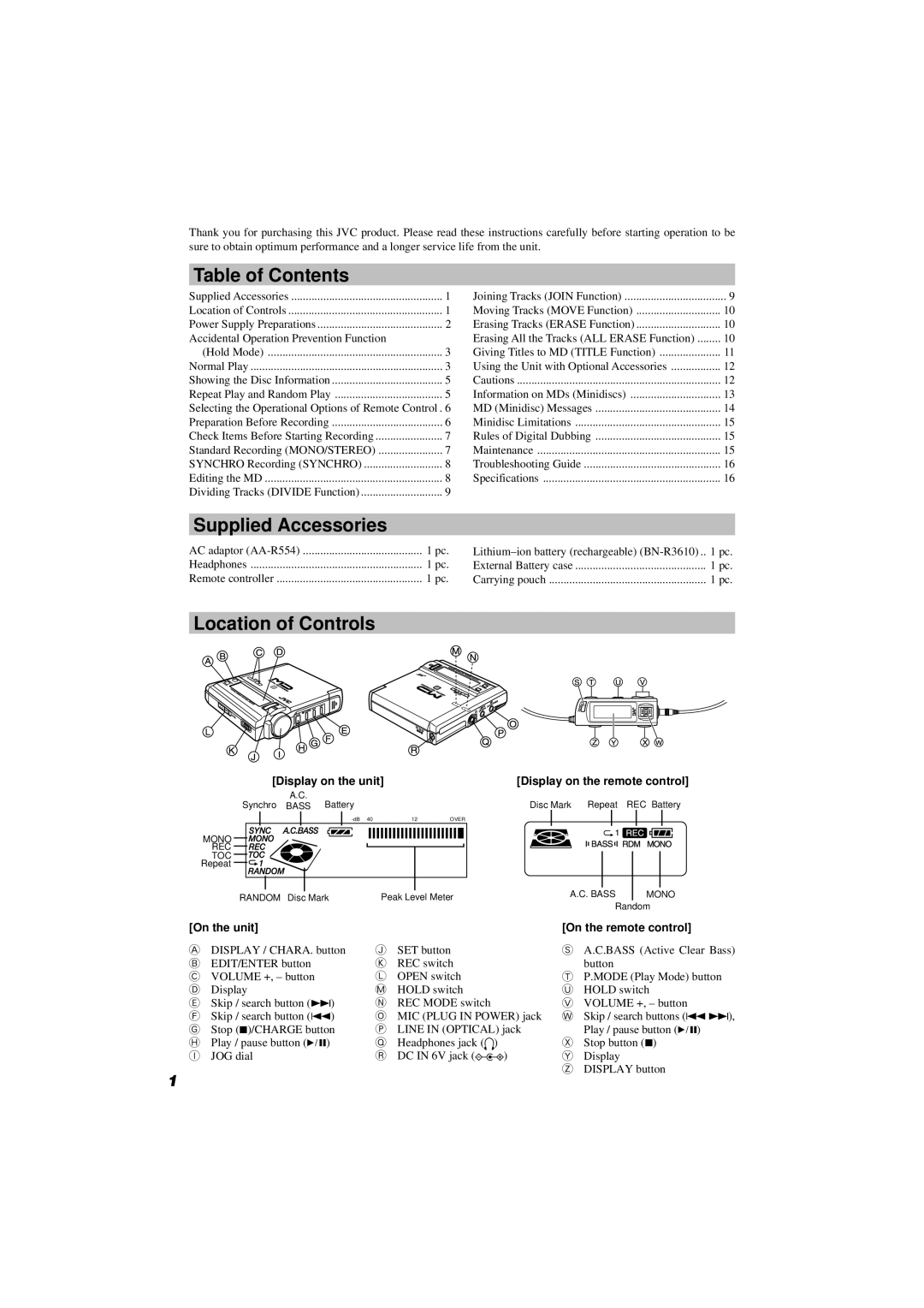 JVC XM-R70 manual Table of Contents, Supplied Accessories, Location of Controls 