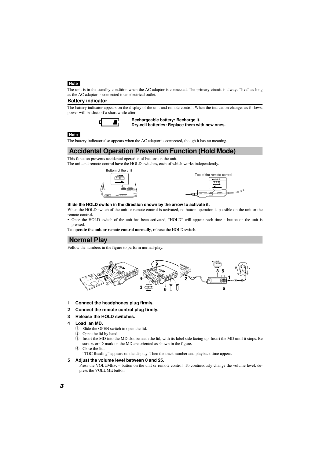 JVC XM-R70 manual Accidental Operation Prevention Function Hold Mode, Normal Play, Battery indicator 