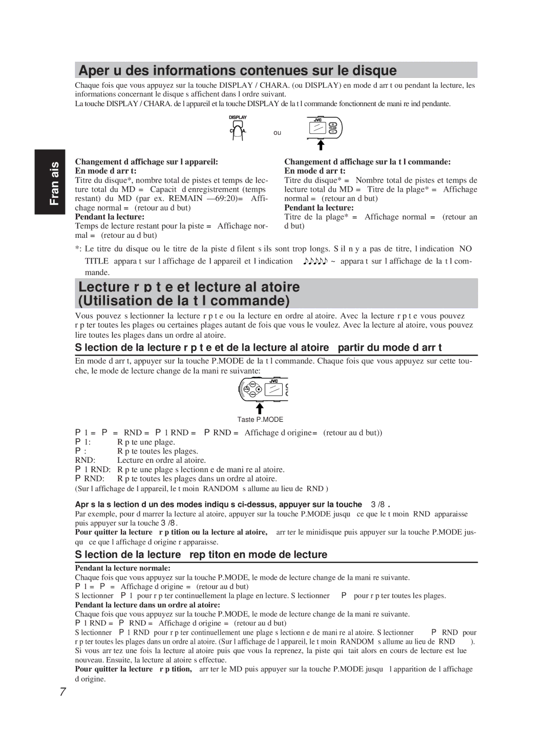 JVC XM-R700SL Aperçu des informations contenues sur le disque, Sélection de la lecture à repétiton en mode de lecture 