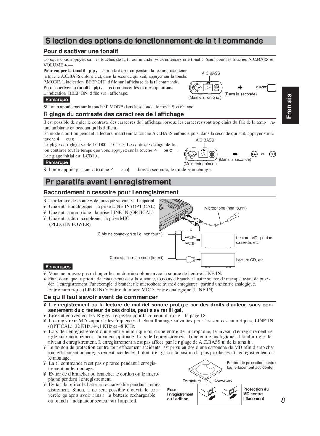 JVC XM-R700SL manual Sélection des options de fonctionnement de la télécommande, Préparatifs avant l’enregistrement 