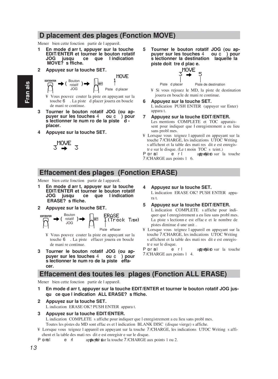 JVC XM-R700SL manual Déplacement des plages Fonction Move, Effacement des plages Fonction Erase 