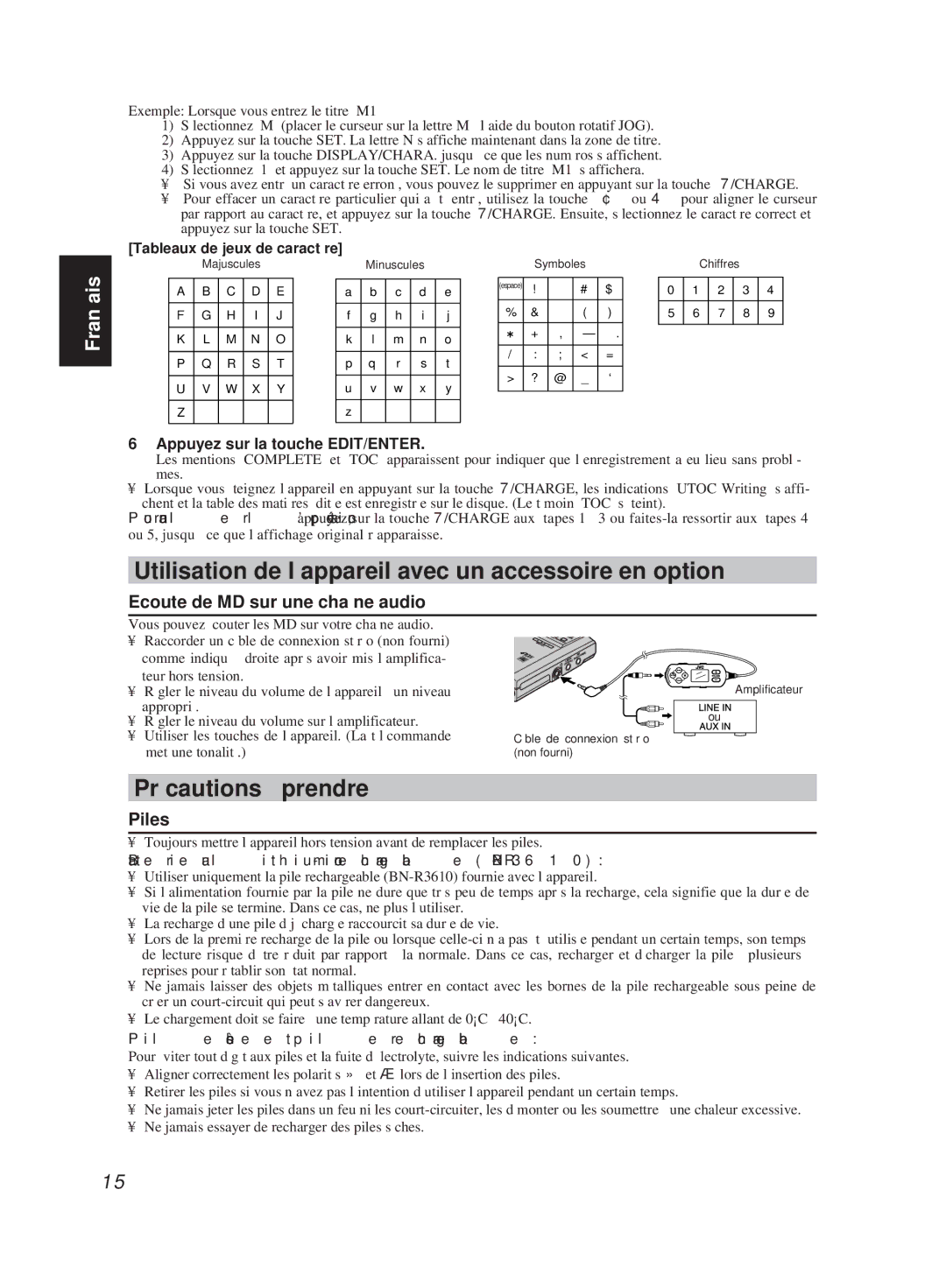 JVC XM-R700SL manual Utilisation de l’appareil avec un accessoire en option, Précautions à prendre, Piles 