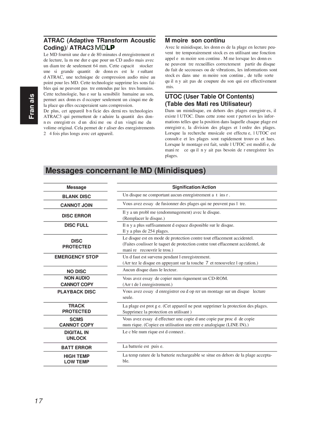 JVC XM-R700SL Messages concernant le MD Minidisques, Atrac Adaptive TRansform Acoustic Coding/ ATRAC3, Mémoire son continu 