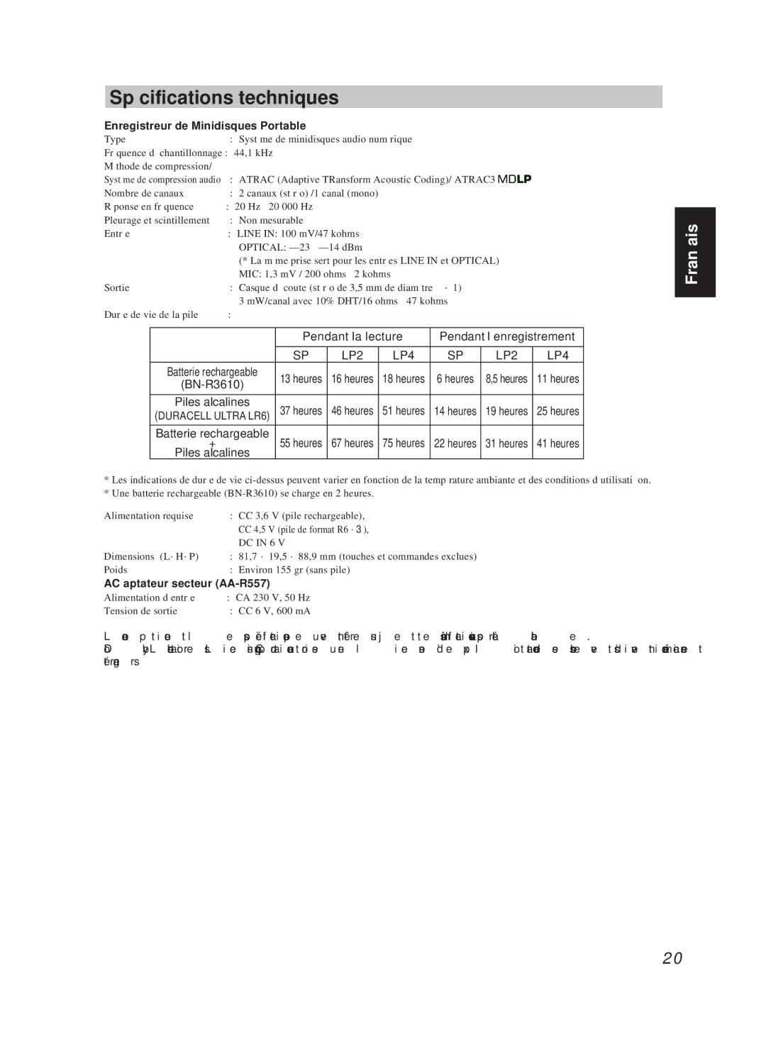 JVC XM-R700SL manual Spécifications techniques, Enregistreur de Minidisques Portable, AC aptateur secteur AA-R557 