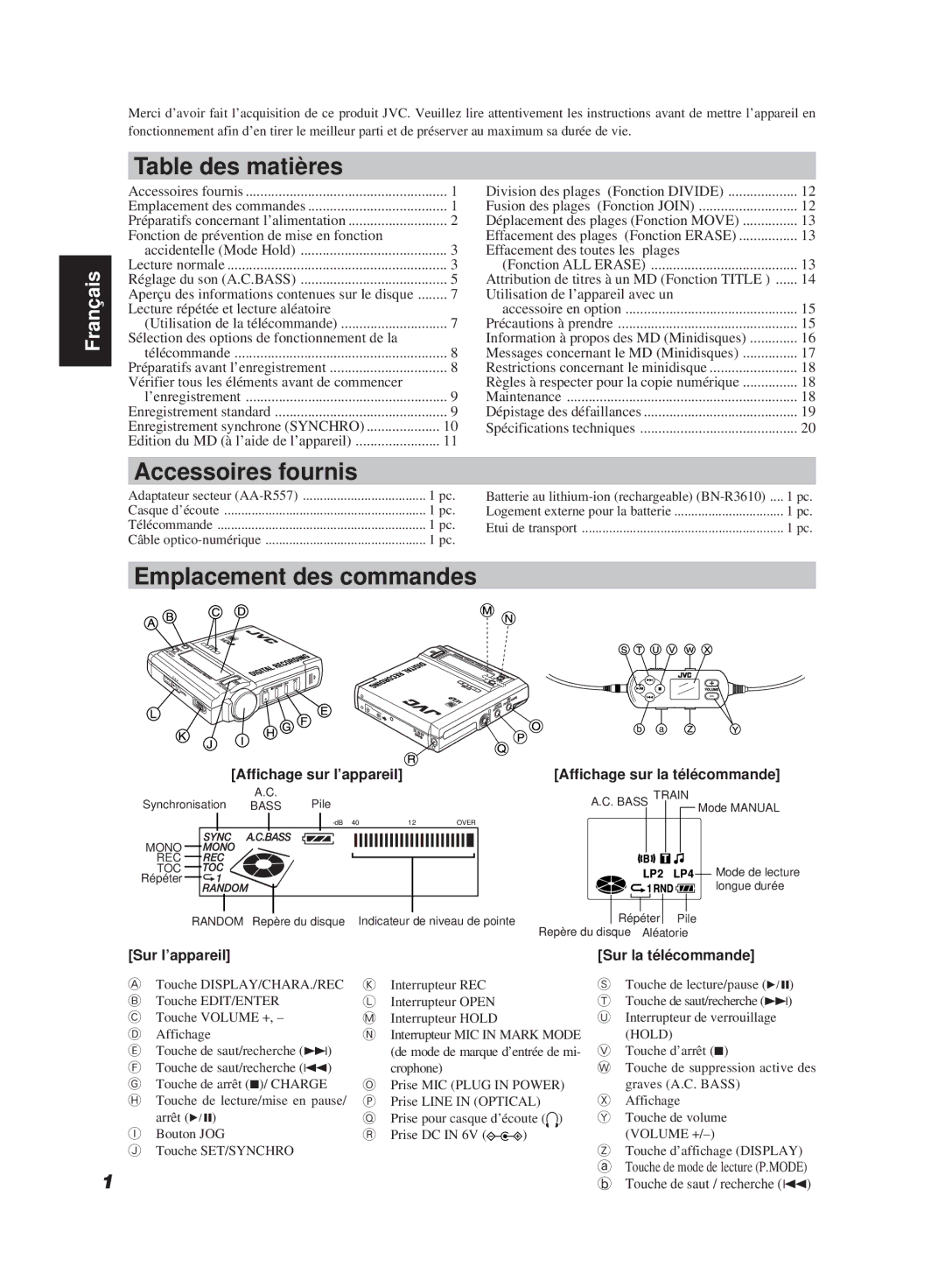 JVC XM-R700SL manual Table des matières, Accessoires fournis, Emplacement des commandes, Affichage sur la télécommande 