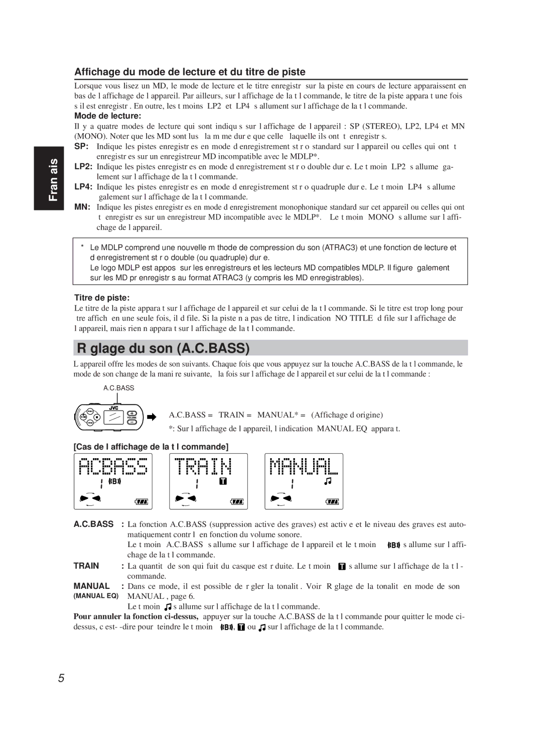 JVC XM-R700SL Réglage du son A.C.BASS, Affichage du mode de lecture et du titre de piste, Mode de lecture, Titre de piste 