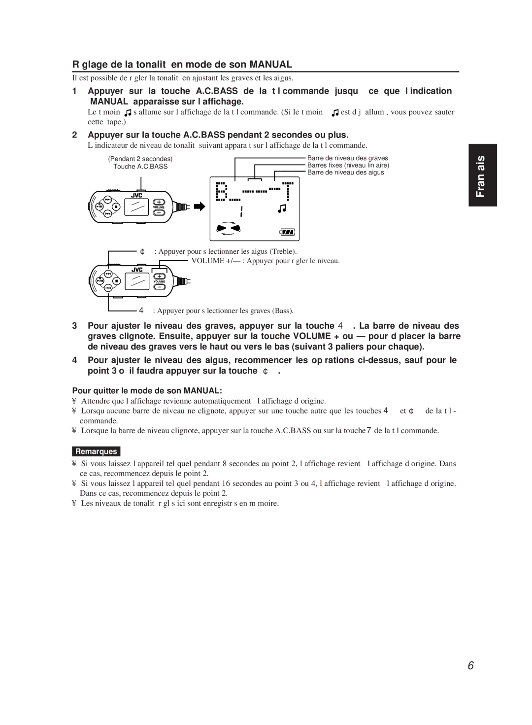 JVC XM-R700SL Réglage de la tonalité en mode de son Manual, Appuyer sur la touche A.C.BASS pendant 2 secondes ou plus 