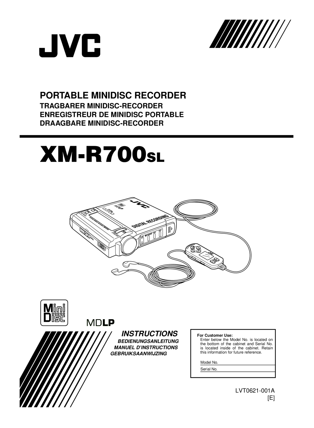 JVC XM-R700SL manual Portable Minidisc Recorder, LVT0621-001AE, Bedienungsanleitung Manuel D’Instructions 