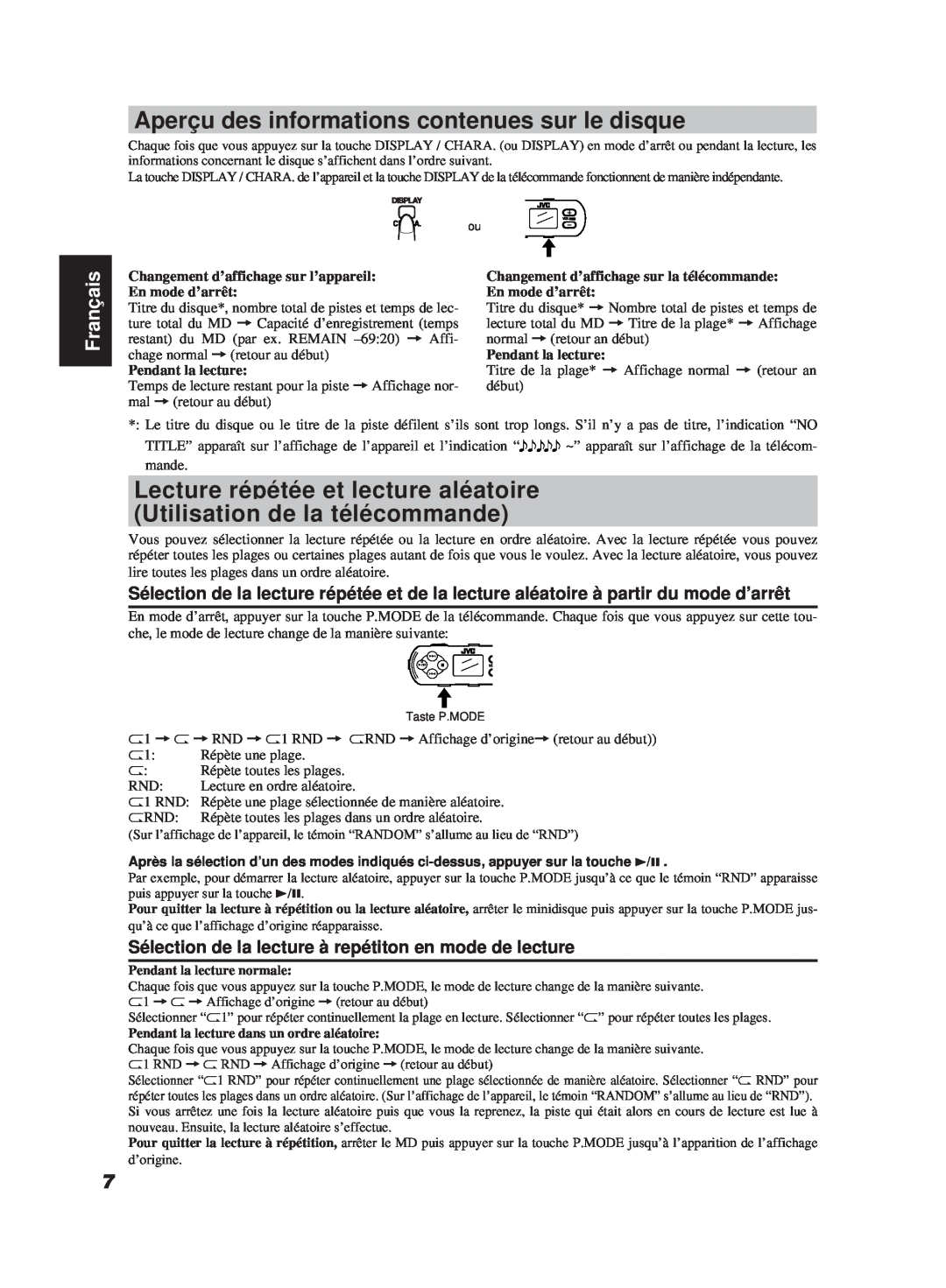 JVC XM-R700SL manual Aperçu des informations contenues sur le disque, Lecture répétée et lecture aléatoire, Français 