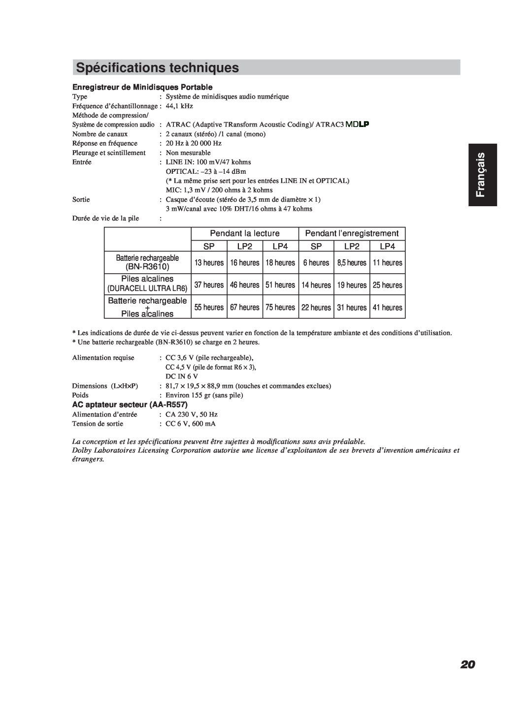 JVC XM-R700SL manual Spécifications techniques, Français, BN-R3610, Enregistreur de Minidisques Portable 