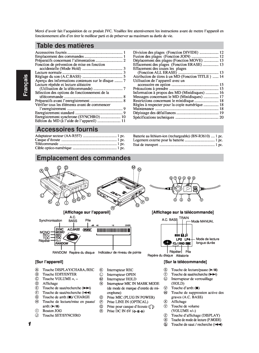 JVC XM-R700SL Table des matières, Accessoires fournis, Emplacement des commandes, Français, Affichage sur la télécommande 