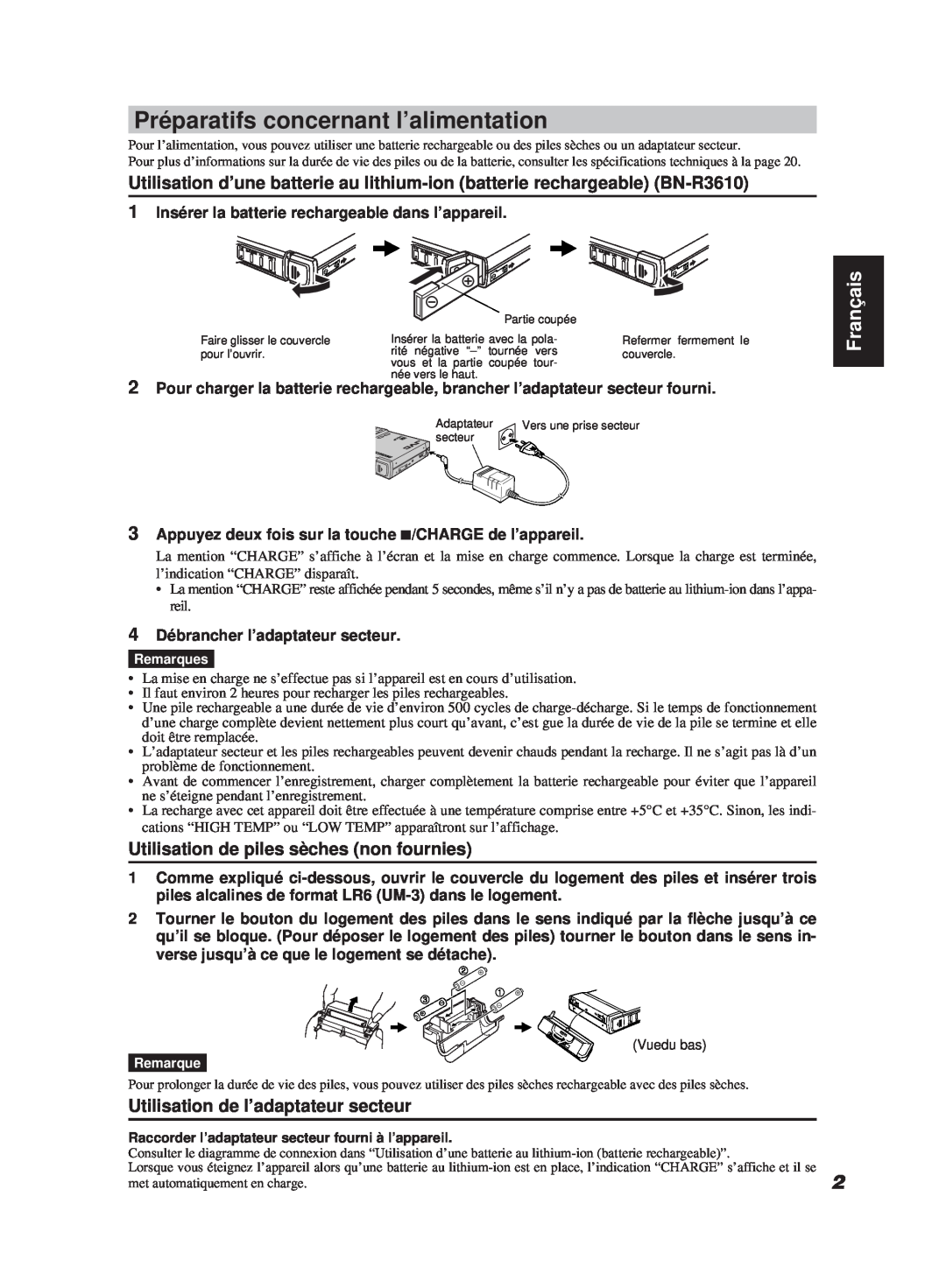 JVC XM-R700SL manual Préparatifs concernant l’alimentation, Utilisation de piles sèches non fournies, Français 
