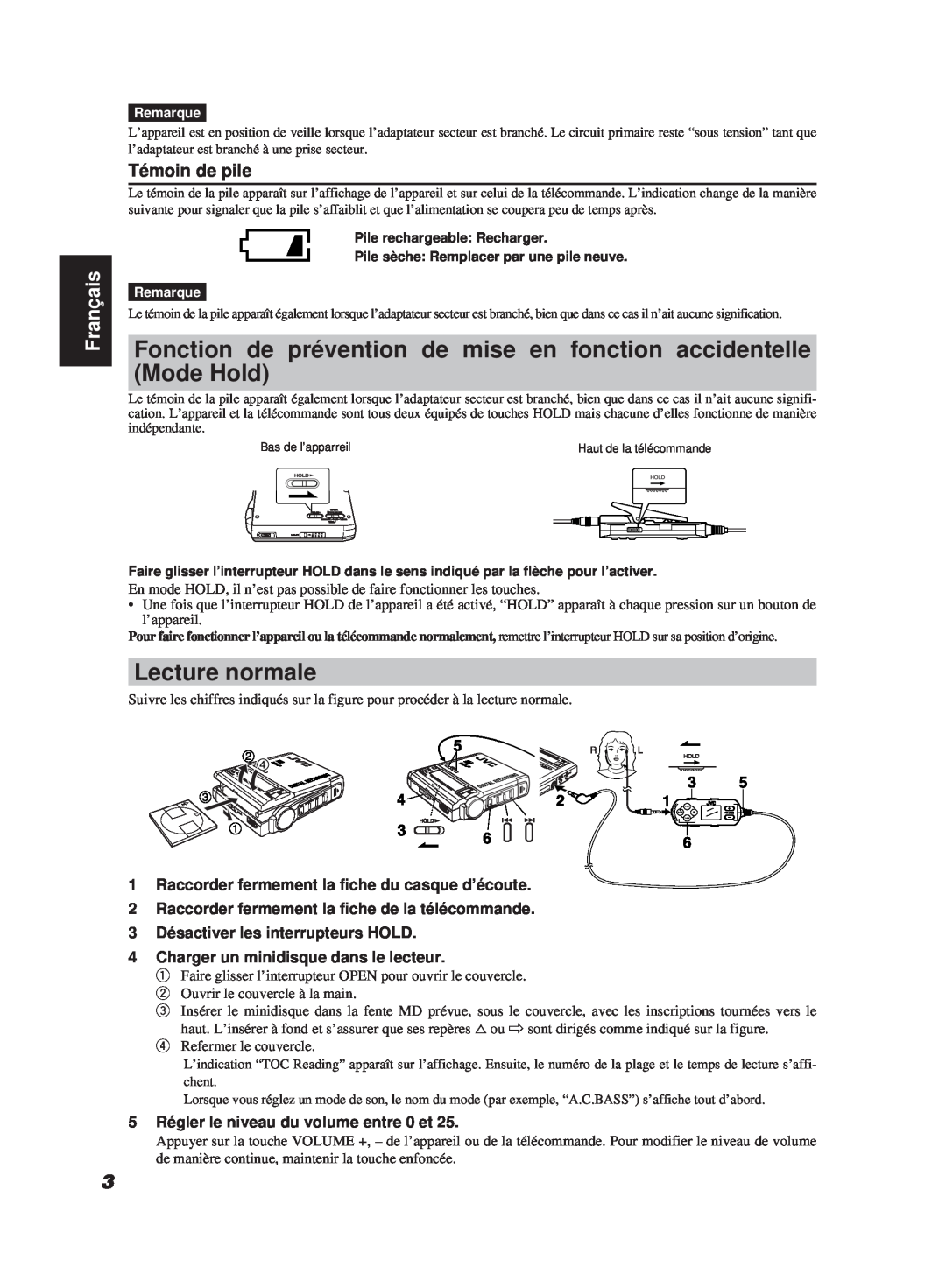 JVC XM-R700SL manual Mode Hold, Lecture normale, Témoin de pile, Français 