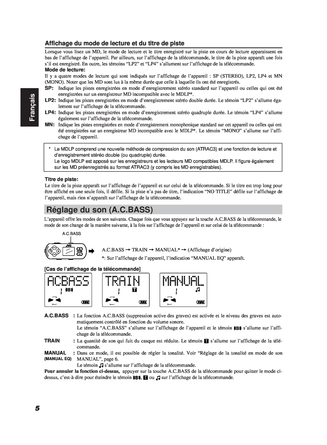 JVC XM-R700SL Réglage du son A.C.BASS, Affichage du mode de lecture et du titre de piste, Français, Mode de lecture, Train 