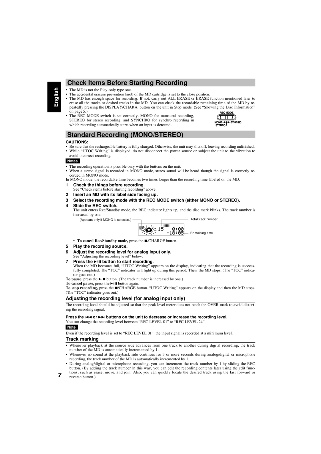 JVC XM-R70SL/BK manual Check Items Before Starting Recording, Standard Recording MONO/STEREO, Track marking 