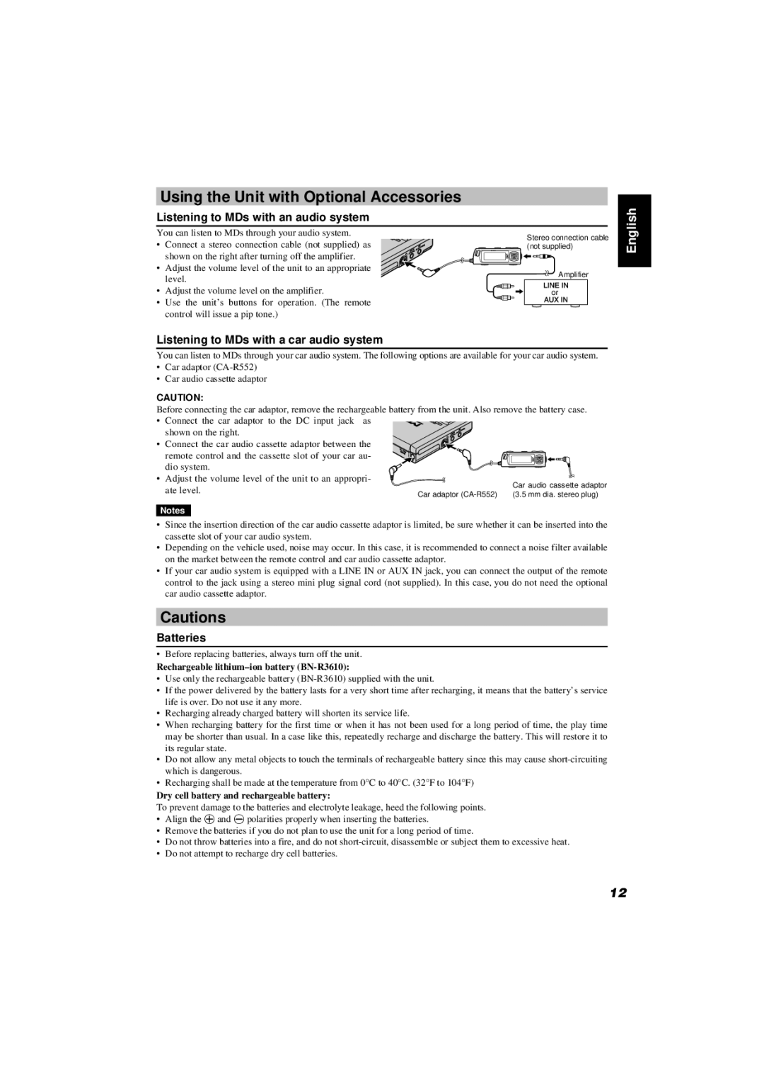 JVC XM-R70SL/BK manual Using the Unit with Optional Accessories, Listening to MDs with an audio system, Batteries 