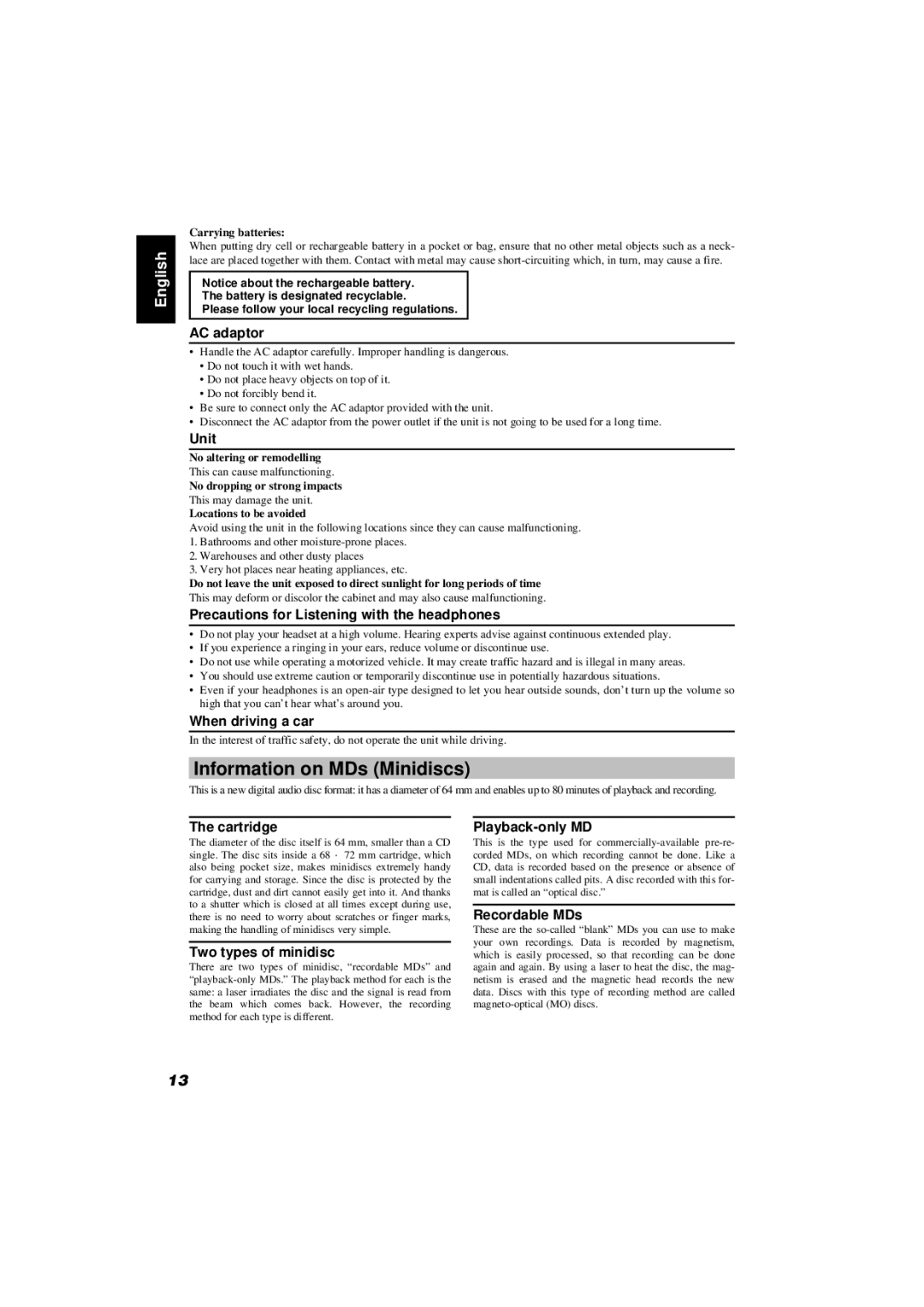 JVC XM-R70SL/BK manual Information on MDs Minidiscs 