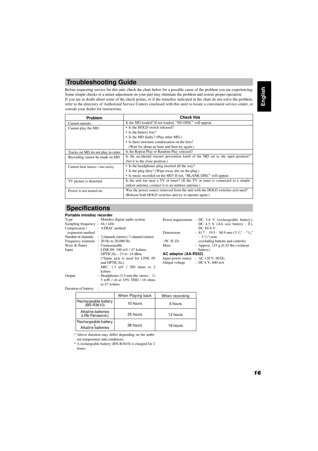 JVC XM-R70SL/BK Troubleshooting Guide, Specifications, Problem Check this, Portable minidisc recorder, AC adaptor AA-R552 