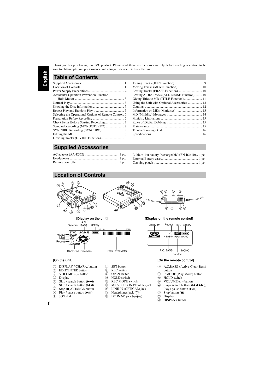 JVC XM-R70SL/BK manual Table of Contents, Supplied Accessories, Location of Controls 