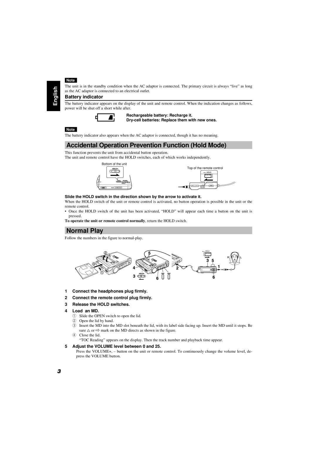 JVC XM-R70SL/BK manual Accidental Operation Prevention Function Hold Mode, Normal Play, Battery indicator 