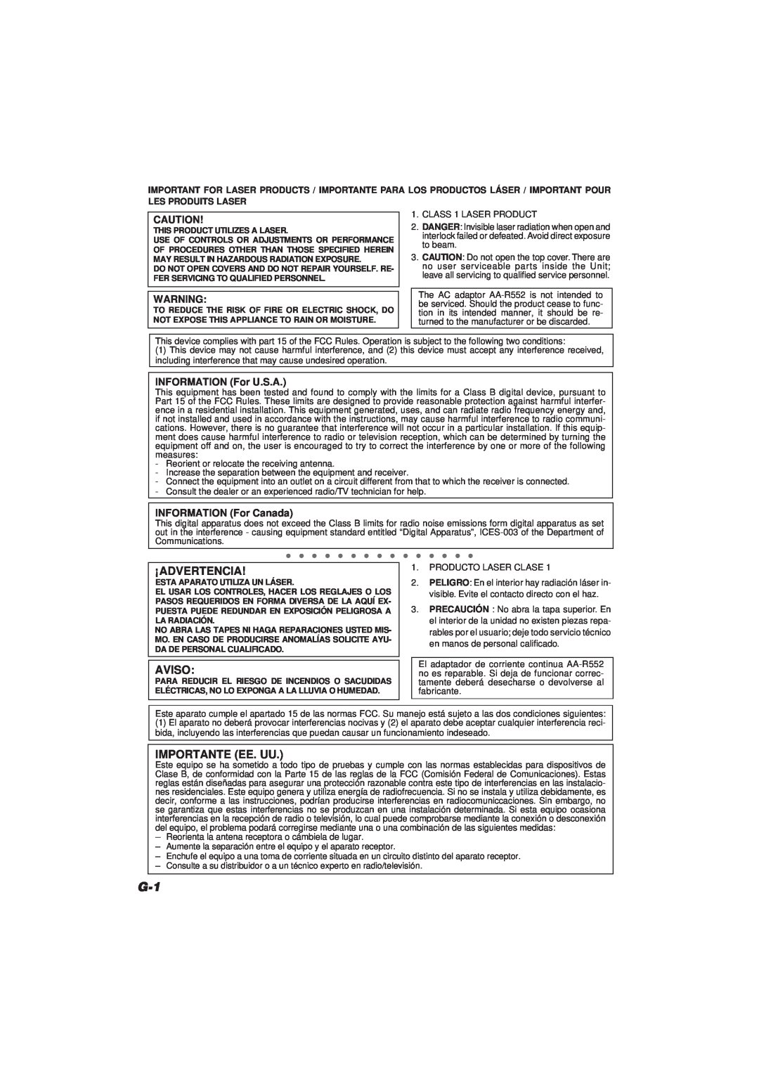 JVC XM-R70SL/BK manual ¡Advertencia, Aviso, Importante Ee. Uu, INFORMATION For U.S.A, INFORMATION For Canada 