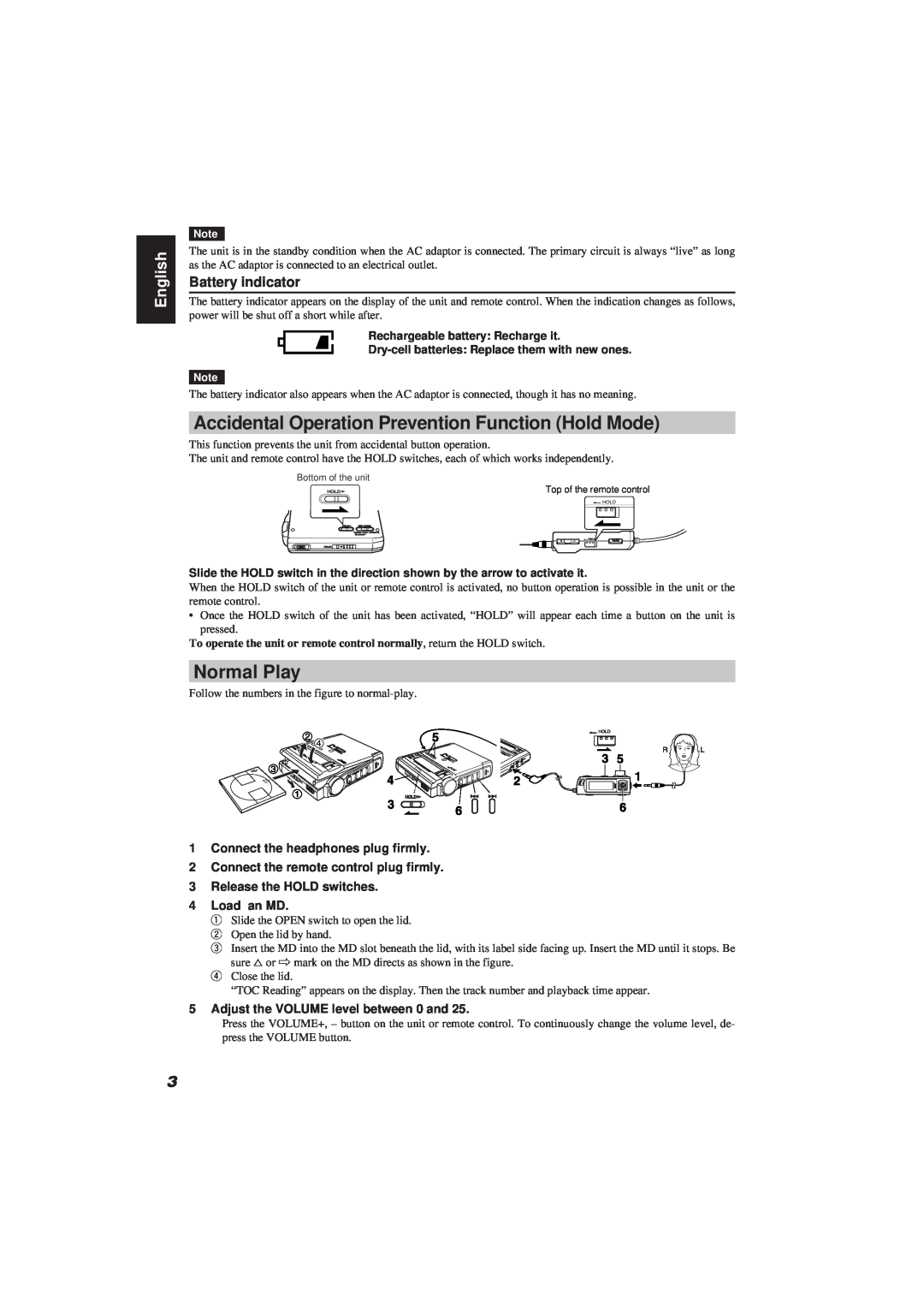 JVC XM-R70SL/BK manual Normal Play, Battery indicator, 1Connect the headphones plug firmly, English 