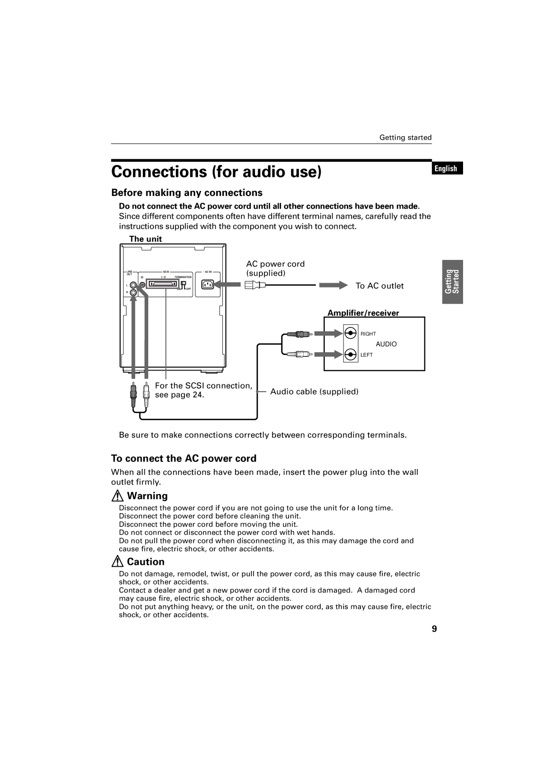 JVC XR-D400SL manual Connections for audio use, Before making any connections, To connect the AC power cord 