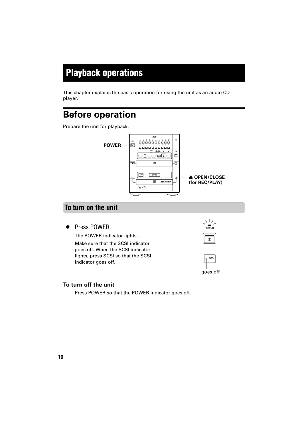 JVC XR-D400SL manual Playback operations, Before operation, To turn on the unit, Press Power, To turn off the unit 