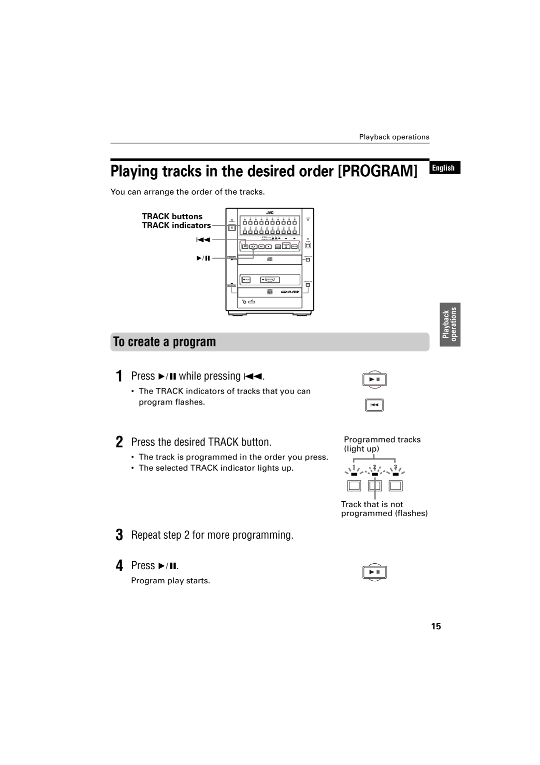 JVC XR-D400SL manual To create a program, Press 6while pressing, Repeat for more programming Press, Track buttons 