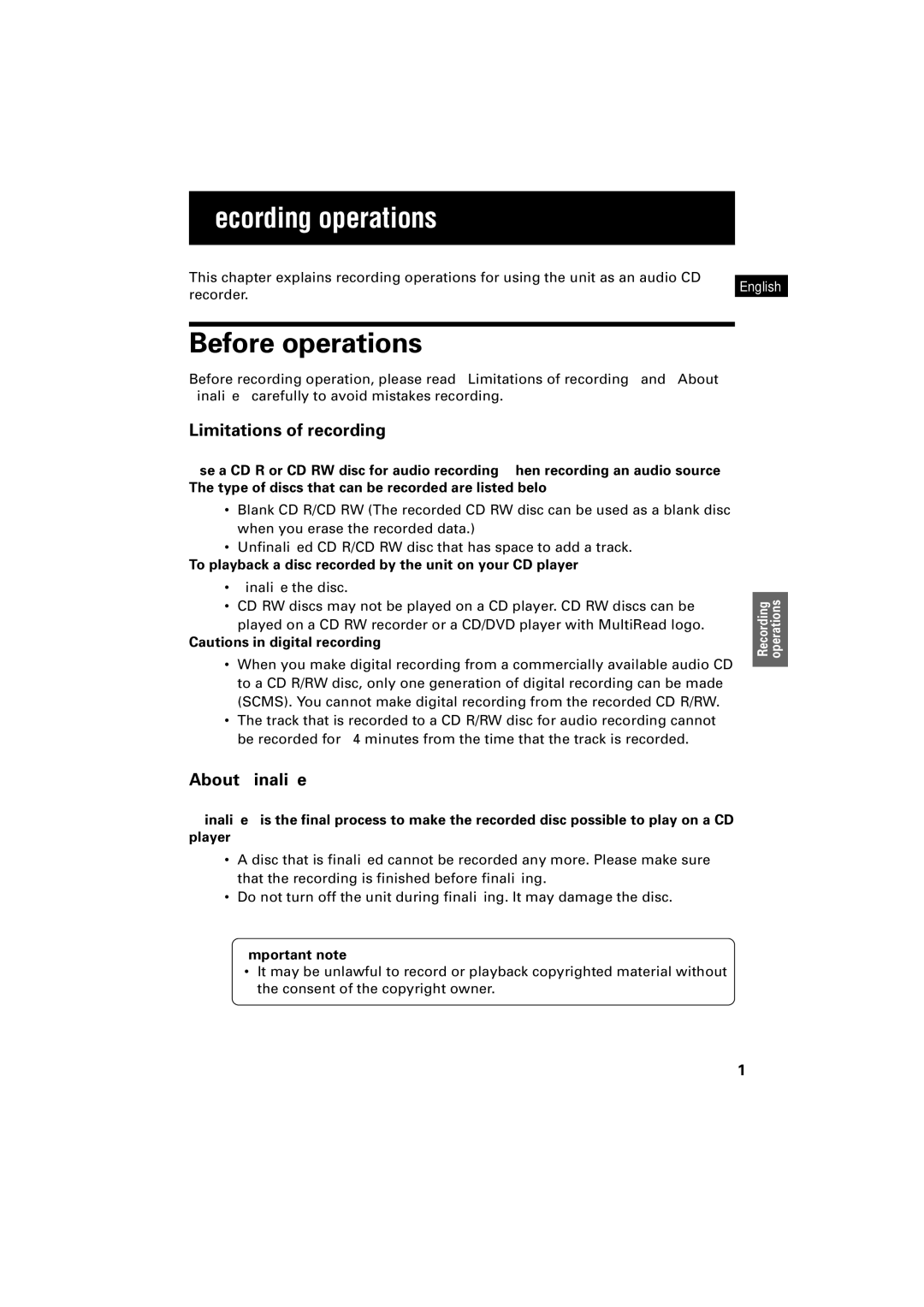 JVC XR-D400SL manual Recording operations, Before operations, Limitations of recording, About Finalize 