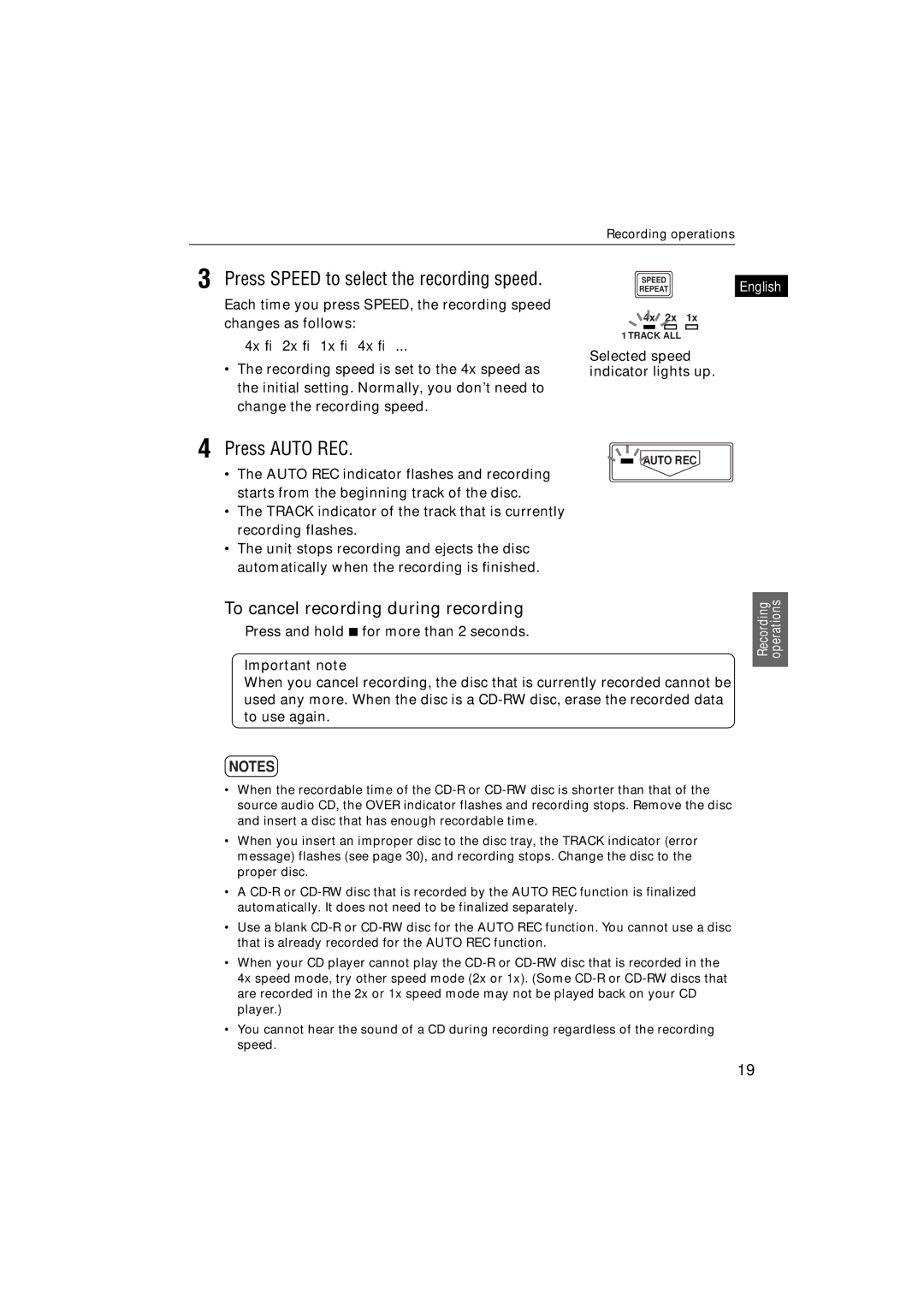 JVC XR-D400SL manual Press Speed to select the recording speed, Press Auto REC, To cancel recording during recording 