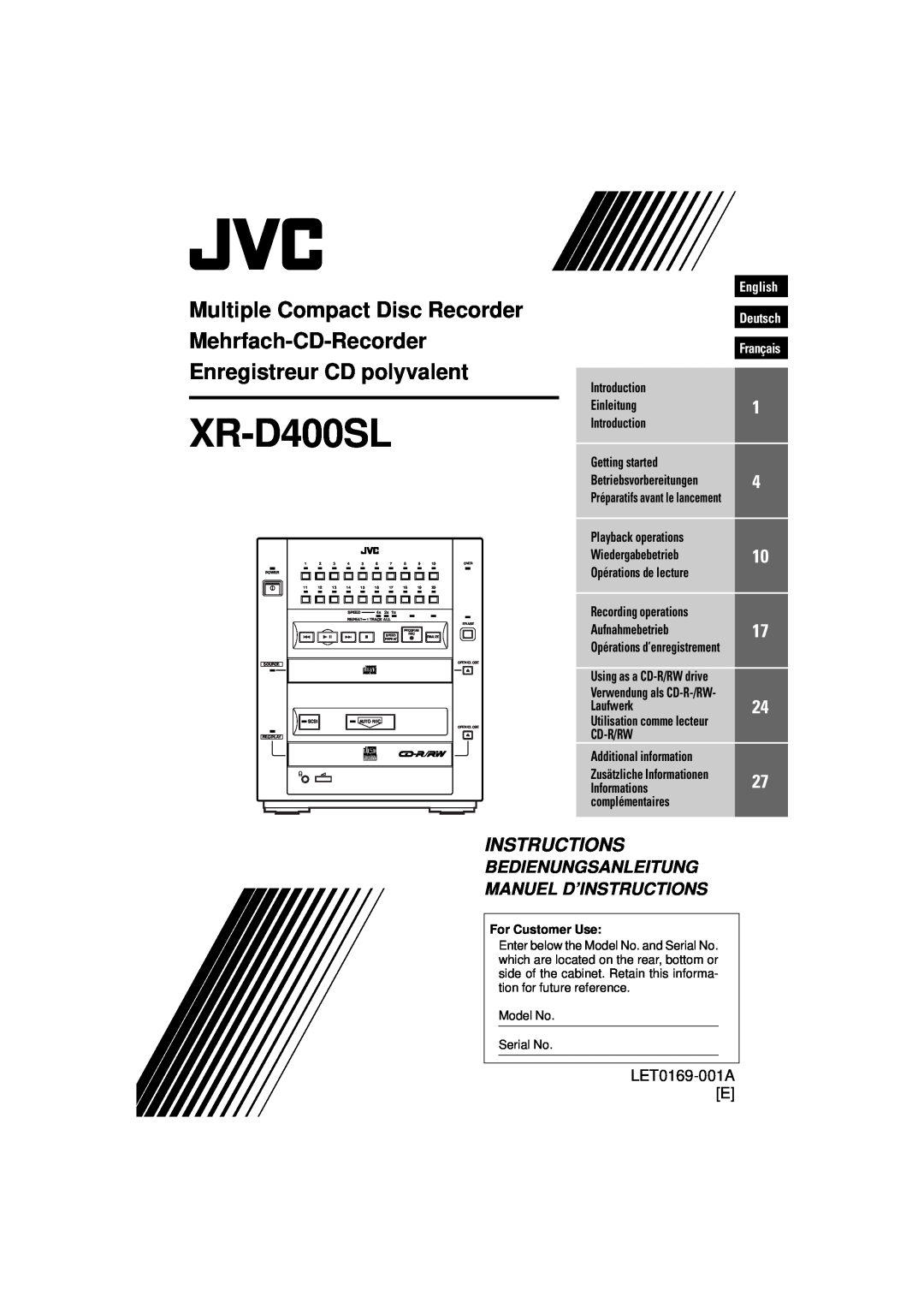 JVC XR-D400SL manual Bedienungsanleitung Manuel D’Instructions, LET0169-001AE, English, Deutsch 