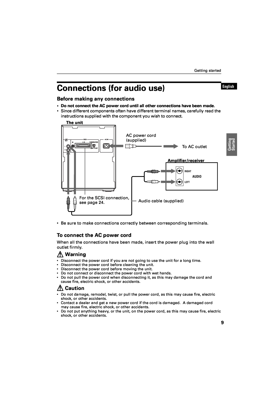 JVC XR-D400SL manual Connections for audio use, Before making any connections, To connect the AC power cord, English 