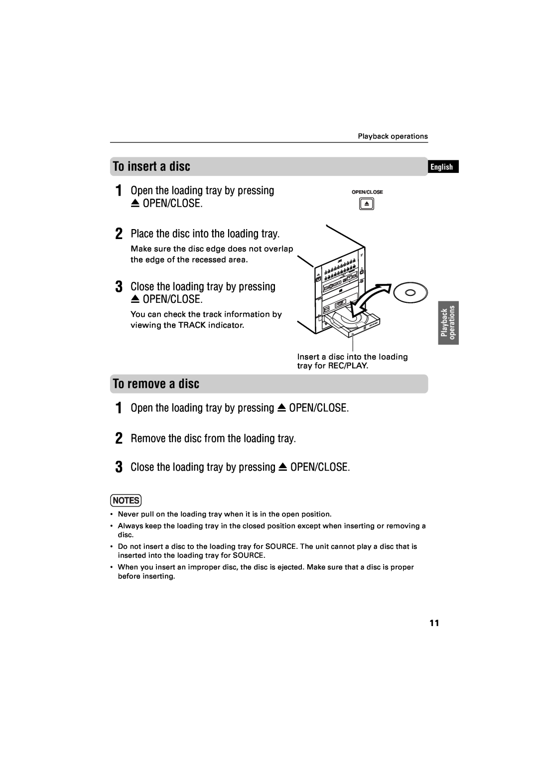 JVC XR-D400SL manual To insert a disc, To remove a disc, Open the loading tray by pressing 0OPEN/CLOSE, English 